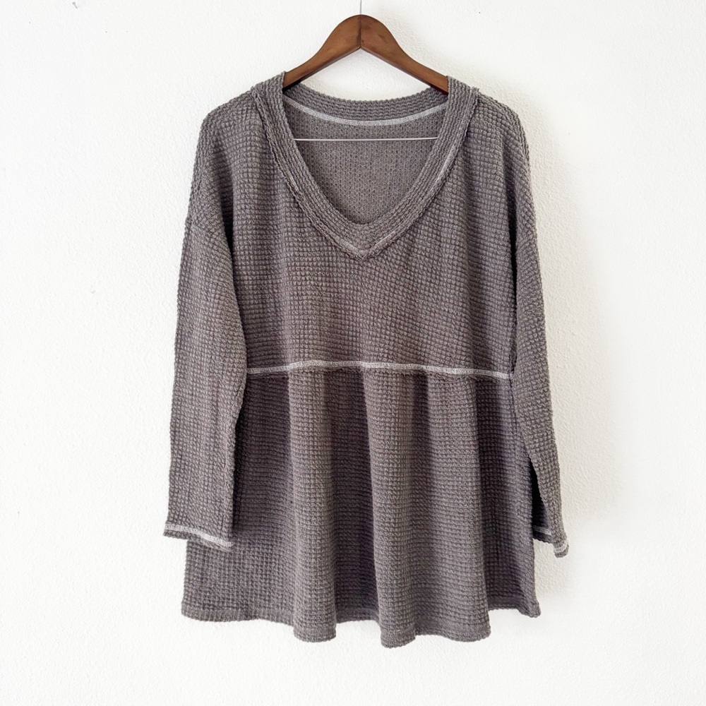 Cozy Boho Waffle Knit V-Neck Babydoll Top XL Long Sleeve Gray Cozy Soft Girl - Picture 2 of 12